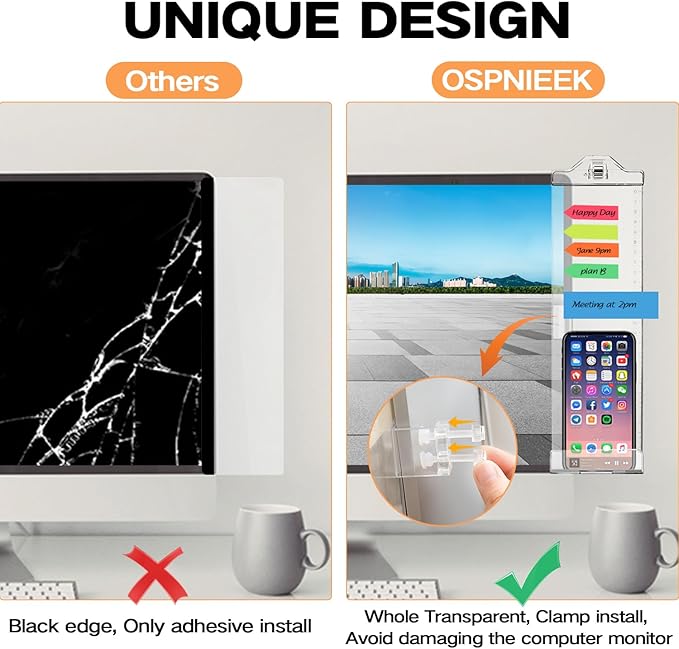 Monitor Memo Boards for Computer, Upgrade Transparent 3 PCS (Left & Right & Bottom) Multifunction Screen Message Reminder Pad Side Panel Phone Holder Organizer for Office Desktop, with Pen Sticky Note