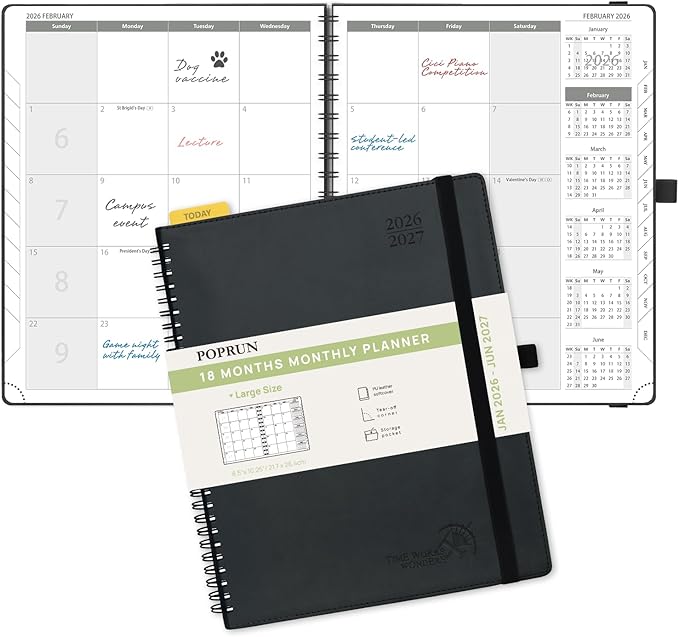 POPRUN Monthly Planner 2026-2027 (Large 8.5" x 10.5") 18 Months Calendar Book(Jan 2026 - Jun 2027) - 4 Pages per Month with Expense & Notes, Stair-like tabs, Leather Cover, Sunday Start - Black