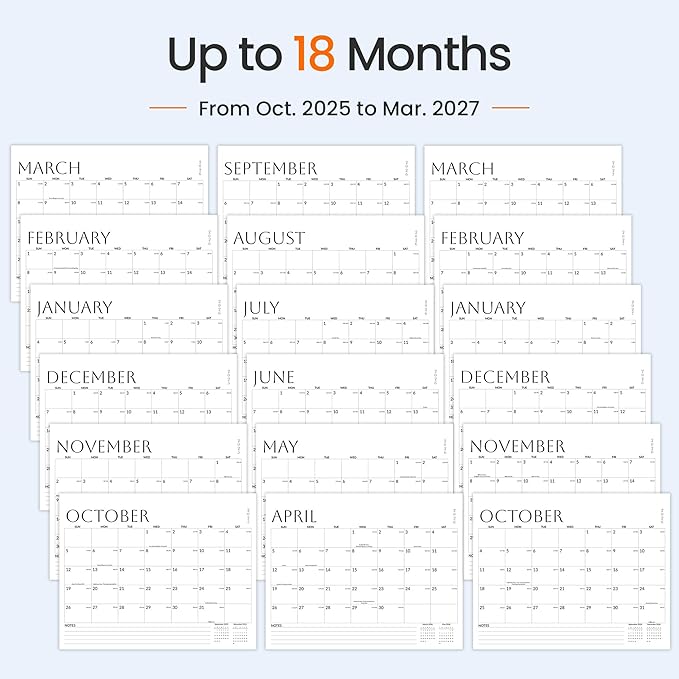 SUNEE Wall Calendar 2026 18 Months Oct. 2025 - Mar. 2027, 14.5"x11.5" Big Grid Hanging Calendar with Note for Organizing & Planning, Monthly Calendar 2025-2026 with Last Month and Next Month, White