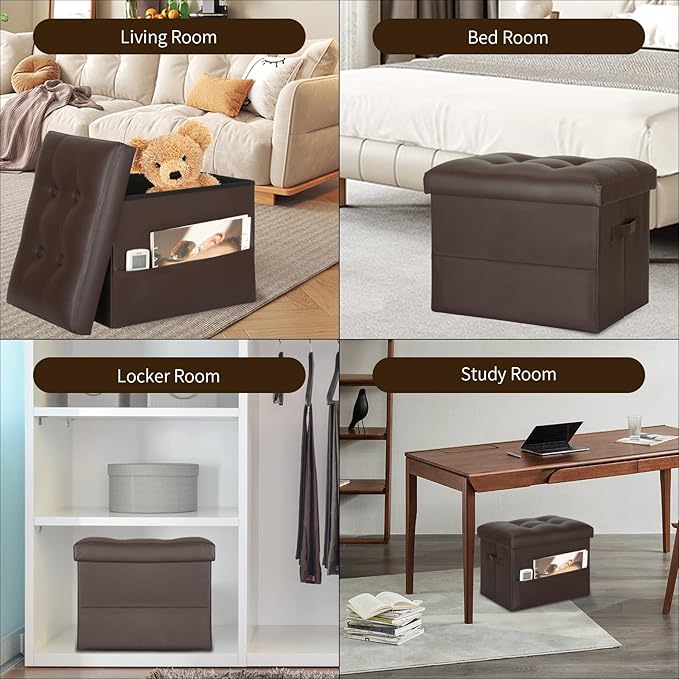 BelugaHelper Storage Ottoman Foot Rest Stool, Foldable Leather Footstool Storage Bench with Thicker Foam Padded Seat. Foot Rest Under Desk for Living Room Bedroom 350 lbs, 17x13x13 in, Brown