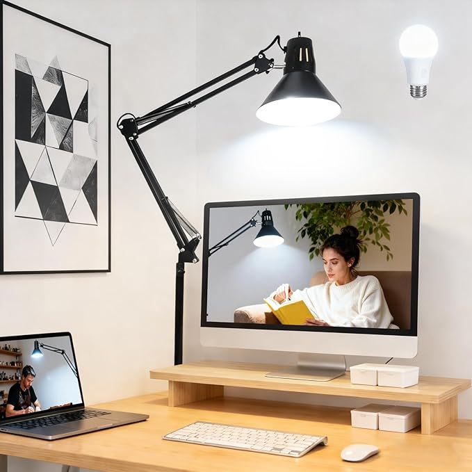2 Pack LED Desk Lamp With Clamp for Office Home, Eye-Caring Desk Light with 360°Adjustable Extra Tall Metal Swing Arm, High Intensity Clamp w/A19 E26 Bulb for Working Reading, Table Lamps White Light