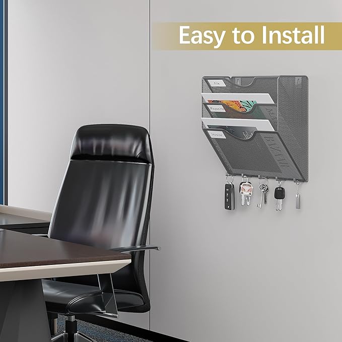 EasyPAG Hanging Wall File Organizer with Key Hooks, 3 Pocket Wall Mounted Mail Organizer, Vertical Folder Holder with Nametag Label, Paper Storage Magazine Rack for Office Home School, Silver
