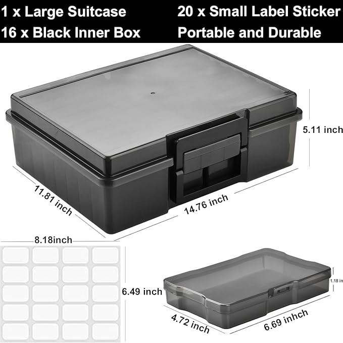 Haundry Photo Storage Box with 16 Inner 4" x 6" Photo Case, Portable Storage Organizer with Handle Craft Keeper for Picture, Stickers, Stamps, Screws, Hair Clips, Black