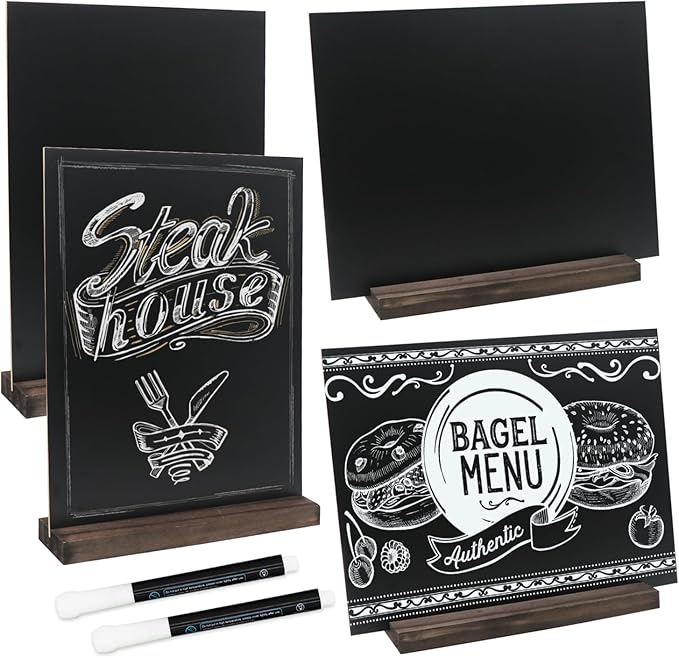 GUKBIAY Tabletop Chalkboard Sign with Base Stand 4 Pack 8.5 x 11 Inch Double Side Standing Menu Boards Food Signs for Party Buffet Wedding Bar Restaurant Food