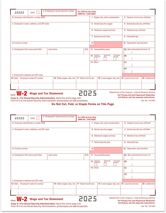 W2 Forms 2025, 6 Part Tax Forms, 25 Employee Kit of Laser Forms Designed for QuickBooks and Accounting Software