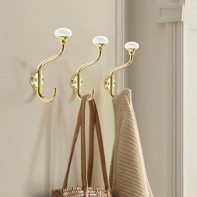 TUNNY Coat Hooks - 5 Pack Polished Gold Towel Hooks Robe Hooks Decorative Wall Hooks for Bathroom Bedroom Kitchen Towel Robe Clothes Cabinet Closet Bathroom Hardware