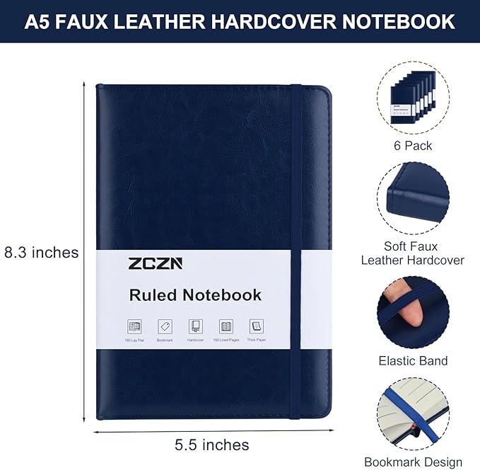 ZCZN 6 Pack Lined Journal Notebooks, 192 Pages A5 Hardcover Leather Journals for Work,Writing,School & Travel, College Ruled Journaling Notebooks for Notes Taking,Diary Journal (Black+Brown+Blue)*2