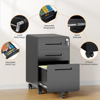 AFAIF 3 Drawer File Cabinet, Fully Assembled Mobile File Cabinets with Lock for Home Office, Metal Rolling Filing Caninet on Wheels, Three Drawer Under Desk Cabnet for Letter/Legal / A4 - Black