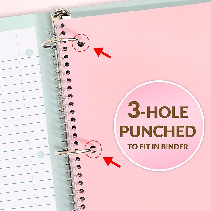 SUNEE Spiral Notebook, 1-Subject, Wide Ruled Paper, 8" x 10-1/2", 100 Sheets per Notebook, 3-Hole Punched Paper, Water Resistant Cover, Double-sided Pockets, Spiral Lined Notebooks for School, Pink