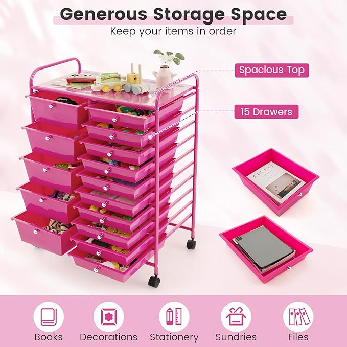 GOFLAME 15-Drawer Rolling Storage Cart, Craft Storage Cart with Removable Drawers & Lockable Wheels, Art Cart Supply Storage Organizer for Home Office Classroom, Hot Pink