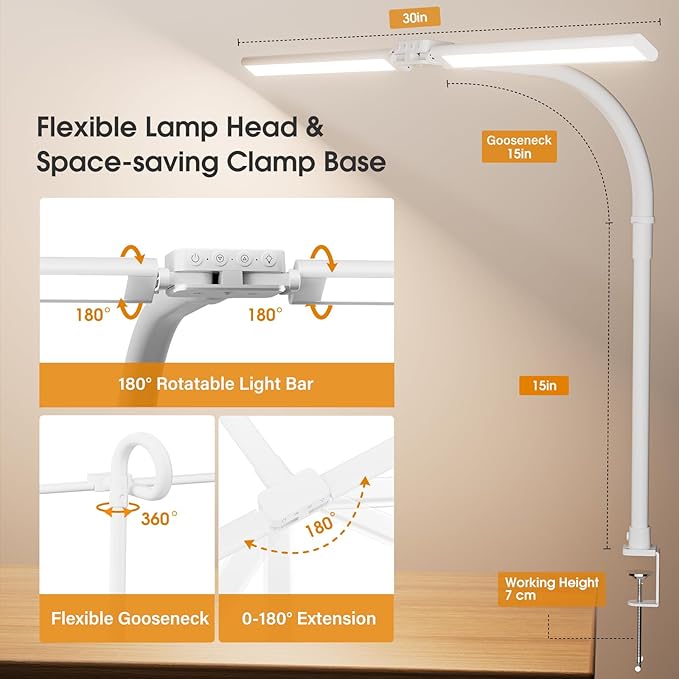SIBRILLE LED Desk Lamp for Home Office - Eye-Caring Computer Desk Light with Clamp, Adjustable Work Lamp with Color Changing, Dimmable Double Head Monitor Light with Gooseneck, White