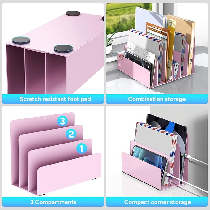 OUTIOE Mail Organizer Countertop, Small Desk File Organizer, Metal File Holder - Essential Workspace Organizers for Office Desk, Home Office (Pink)