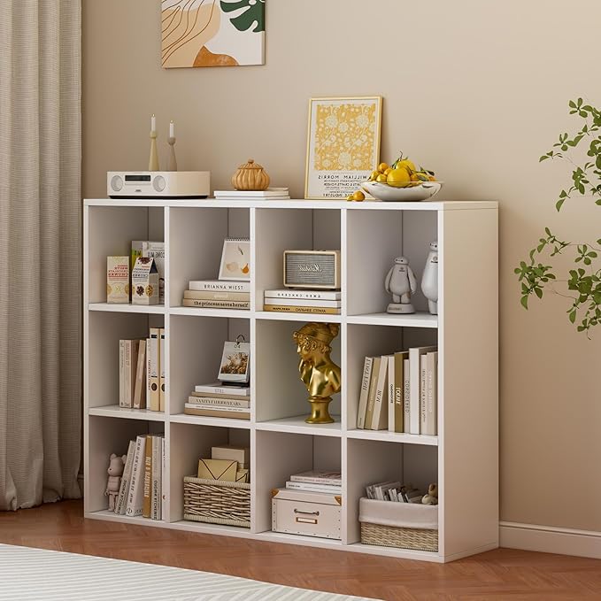 OSCHF 12-Cube Storage Shelf Bookcase - Wooden 3-Tier Floor Standing Open Bookshelf for Home and Office, Display Cabinet, Warm White