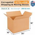 Extra Large Shipping & Moving Boxes 24 x 16 x 16 inches (5-Pack) - Extra Strength 200 lb vs Regular - Corrugated Strong Packing Boxes for Moving - Large Cardboard Box by IDL Packaging
