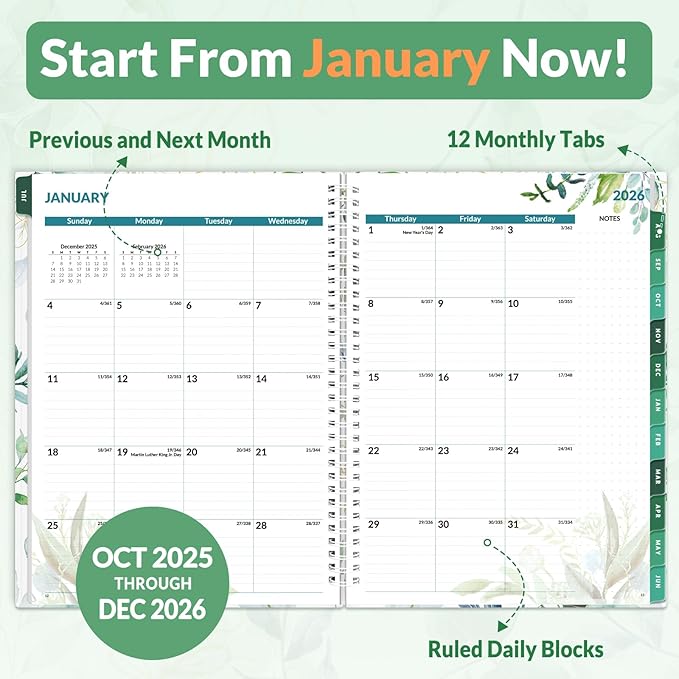 SUNEE 2026 Weekly and Monthly Planner - from January 2026 - December 2026, Daily Agenda Planner with Monthly Tab, Flexible Cover, Note Pages, Pockets, Bookmark, Spiral Binding, Eucalyptus, 8.5"x11"