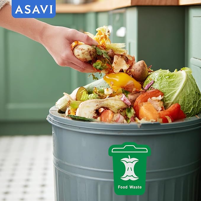 ASAVI Trash Sorting Stickers (6-Pack) – 6x4.8 Waterproof Vinyl Waste Labels with Strong Adhesive, Durable Outdoor/Indoor Use, Icon-Based Design for Home, Office, Commercial Bins (Bucket-Shaped)