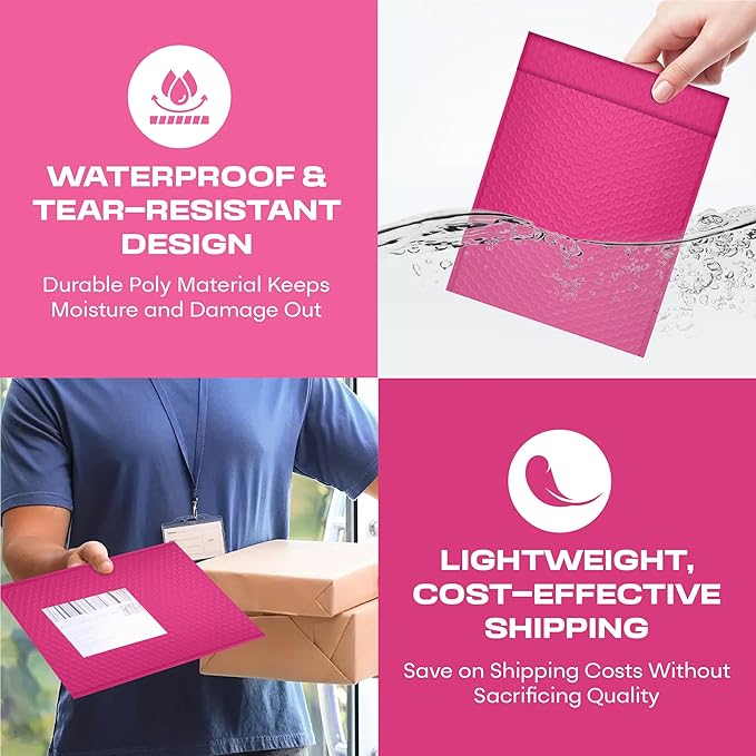 Hot Pink 10x13 Inch Poly Bubble Mailers |Self Seal Padded Envelopes for Thick books | Air Cushioned Bubble Mailer | Usable Size 9.5x13 | Waterproof Lightweight Mailing Shipping Bags | 200 Pack Bulk