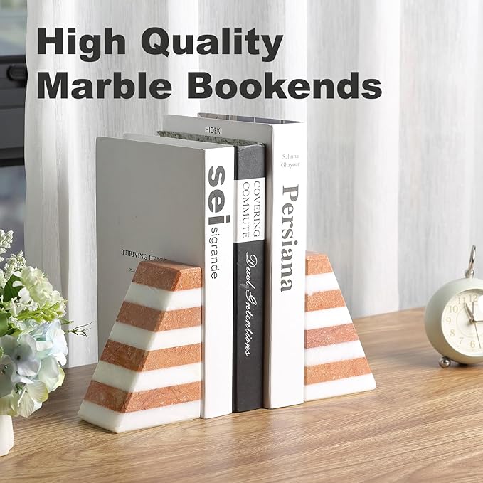 Karibiber Marble Book Ends, Non-Skid Bookends for Shelves, Composite Bookend with Natural Stone, Heavy Duty Book Stopper, Collected CDs and Oversized Books Organizer, White & Red Decorative Bookends
