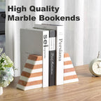 Karibiber Marble Book Ends, Non-Skid Bookends for Shelves, Composite Bookend with Natural Stone, Heavy Duty Book Stopper, Collected CDs and Oversized Books Organizer, White & Red Decorative Bookends