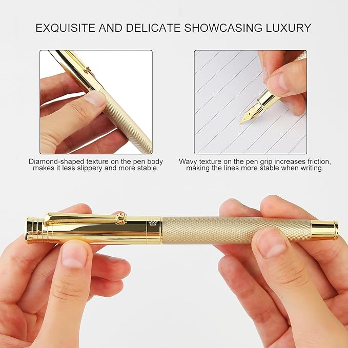 GC QUILL Fancy Fountain Pen Set – Fine and Medium Nibs, 18 Ink Cartridges, Ink Converter, Syringe Filler, Luxury Pen Gift for Men Women, Nice Pen for Writing Journaling (Gold)