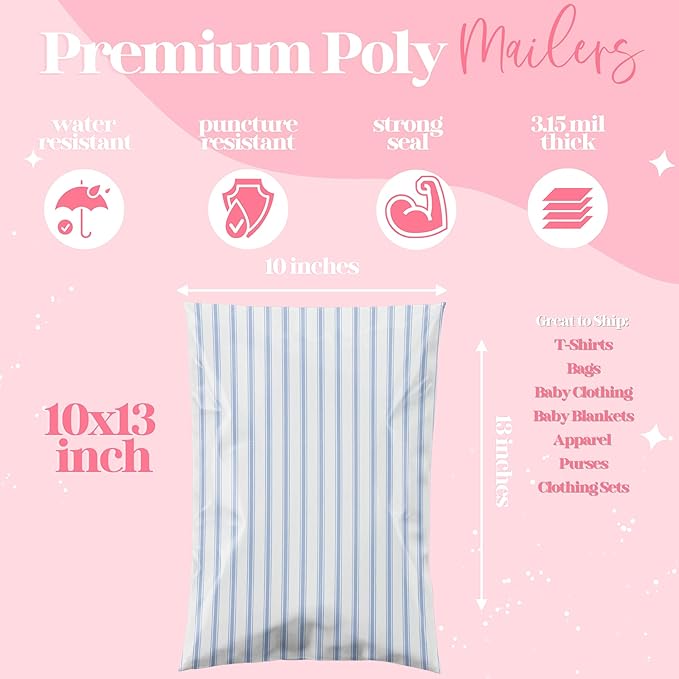 Pretty Package Store 10x13 Designer Poly Mailer 100 Pack Heavy Duty Waterproof Self Seal Shipping Bags for Small Business Large Mailing Envelopes Bulk Tear Resistant Packaging Blue Stripes