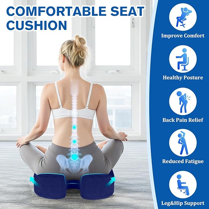 CushyOasis Seat Cushion, Gel Chair Cushions, Office Chair Cushions, Anti-Slip Bottom & Removable Cover Tailbone Pain Relief Cushion, Memory Foam Seat Cushion for Office, Wheelchair, Car (Blue)