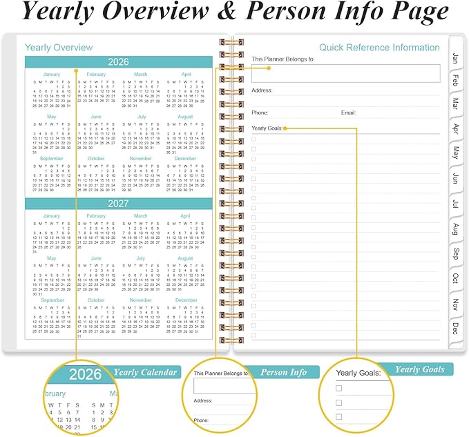 2026 Daily & Monthly Planner - One Page Per Day, Daily Planner 2026 from January 2026 to December 2026, Planner 26 with 12 Monthly Tabs, 6.4" x 8.5", Rose Leaf