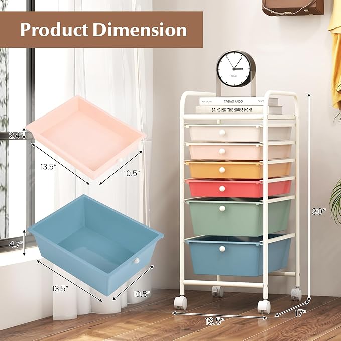 RELAX4LIFE 6-Drawer Rolling Storage Cart - Classroom Organization on Wheels w/Removable Plastic Drawers, Mobile Art Craft Cart for School Paper Home Office, Utility Cart with Drawers (Macaron)