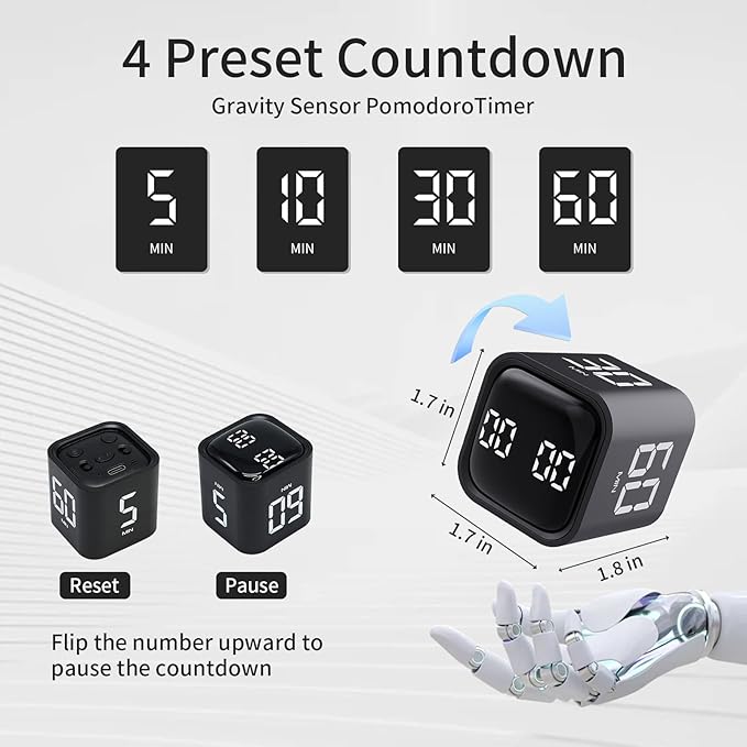 Productivity Timer Flip Gravity Sensor Cube Timer Countdown & Countup,Mute & Vibrate & Sound，5/10/30/60min & Custom Timing, Perfect for ADHD,Work,Learning,Kitchen Cooking (2 Black)