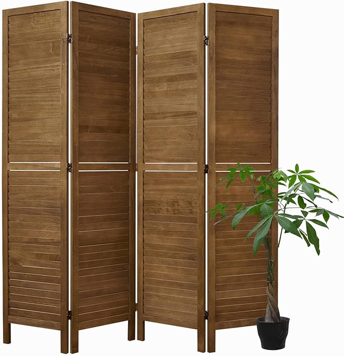 Room Partitions and Dividers, Temporary Wall with Double Hinges, 5.6 Ft Tall Folding Louver Wood Screen for Home Office Bedroom Hotel Decoration (4 Panels, Brown)