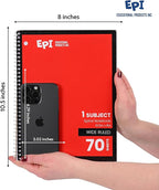 EPI Spiral Notebook | Wide - 70 Sheets, Durable Spiral Binding | 10.5 x 8 in | Classroom Supplies | School, Office, Note Taking, Journaling - 12 Pack