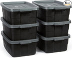 Rubbermaid 6-Pack Totes for Storage with Lids, Heavy Duty Plastic Storage Bins with Lids, Black Gray, 10 GAL - Stackable for Garage, Attic, Camping (10 GAL - 6 Pack Solid Black and Grey)