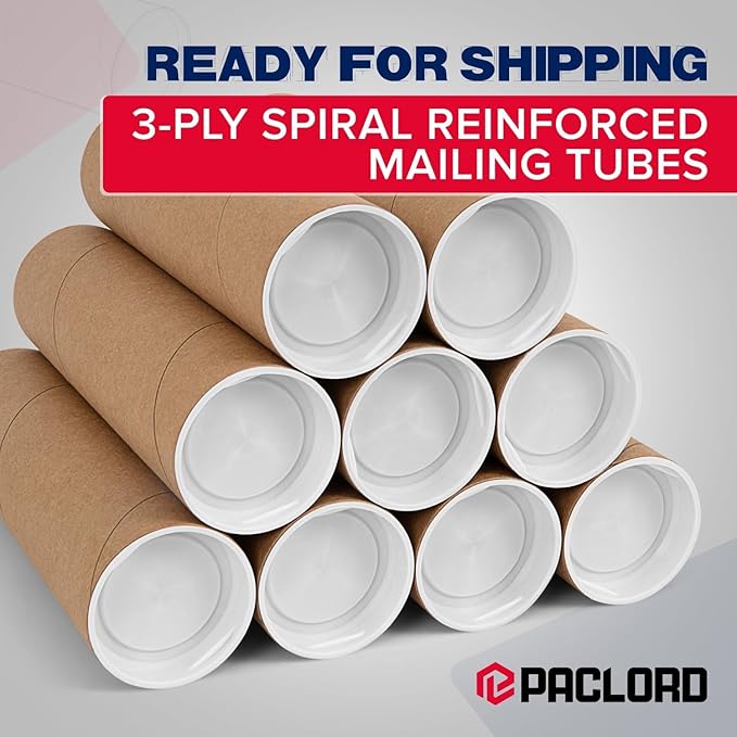 Paclord 2" x 12" Heavy-Duty Reinforced Cardboard Mailing Tube, Pack of 1 Tube with 2 Caps – Secure USPS Approved – Great for Shipping and Storing of Prints, Artwork, Posters or Documents