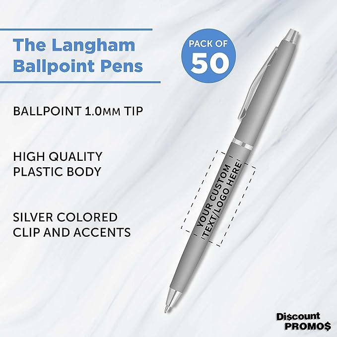 DISCOUNT PROMOS Custom Langham Ballpoint Pens Set of 50, Personalized Bulk Pack - Black Ink, Great for Office, School, Business, Tradeshows - Silver
