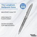 DISCOUNT PROMOS Custom Langham Ballpoint Pens Set of 50, Personalized Bulk Pack - Black Ink, Great for Office, School, Business, Tradeshows - Silver