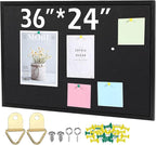 Teling 36" x 24" Cork Board Large Wood Framed Cork Bulletin Board with Pins Eye Bolts Screws Notice Pin Hook for Home School Office Walls(Black Frame)
