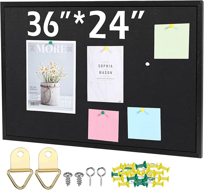 Teling 36" x 24" Cork Board Large Wood Framed Cork Bulletin Board with Pins Eye Bolts Screws Notice Pin Hook for Home School Office Walls(Black Frame)