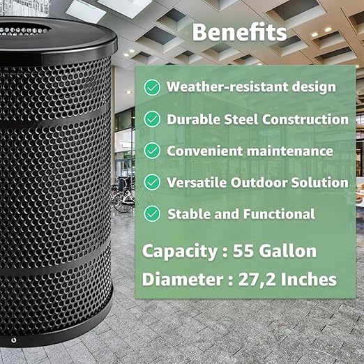 Zedfire 55 Gallon Perforated Waste Bin with Flat Lid, Steel Outdoor Heavy-Duty Commercial Trash Can, Round Recycle Container, Durable Garbage Can for Parks, Municipalities, Parking, Schools