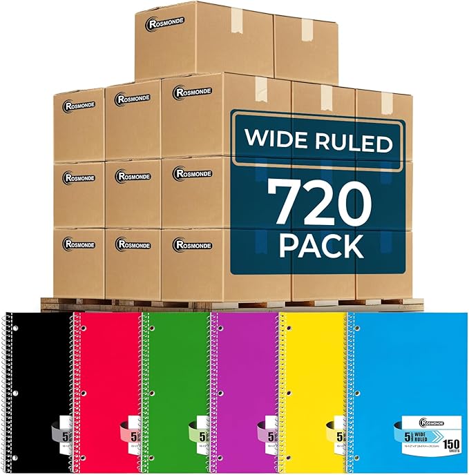 Rosmonde 720 Packs (Pallet) 5 Subject Notebooks, Spiral Notebook Bulk, Wide Ruled, Pallet of Notebooks, 150 Sheets (300 pages), 8 x 10-1/2", Bulk Spiral Notebooks for School & Office, 4-7 Days Transit