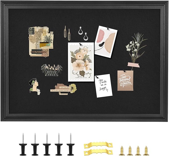 YCCYYCCY Bulletin Board with Felt, Black Wood Framed Display Bulletin Board for Walls with Pins, Eye Bolts, gaskets, Screws, Pin Board for Office, School and Home(MZB-BK,6090,1P)