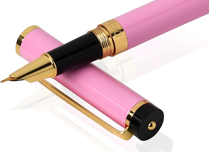 Dryden Designs Fountain Pen - Medium and Fine Nibs | Includes 24 Ink Cartridges and Ink Refill Converter | Consistent Writing, Smooth Flow - Luscious Pink