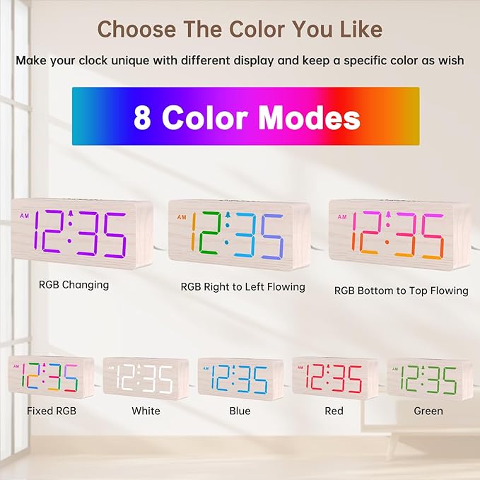 DreamSky Wooden Digital Clock for Bedroom Desk - RGB Loud Alarm Clock for Heavy Sleepers with Volume Control, Large Numbers with Dimmer for Living Room Office, Wood Decor (Plug in Clock)