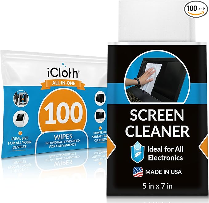 iCloth Large Screen Cleaning Wipes for Electronics, Lint-Free and Streak-Free, Fast-Drying, Removes Dust, Fingerprints, and Smudges (100 Wipes)