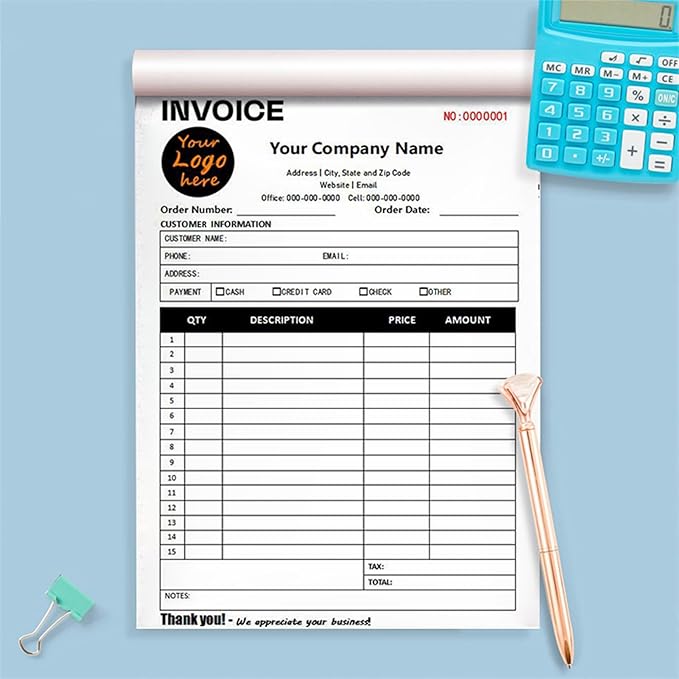 Custom Invoice Book in 3-Part /2-Part Receipt Book with Carbon Copies Personalized Carbonless Service Invoice Form Books Sales Order Book with Company Name Logo Address,E-Invoice Book with Logo