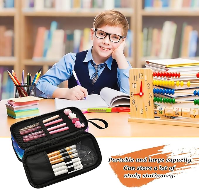 BOENLE Custom Wolf Howling Moon Lightning Pencil Case Box Boys Girls Personalized Name Large Pencil Pouch Stationery Pen Bag Organizer for Kids Adults School Office