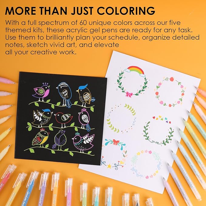 Grabie 12Colors Acrylic Gel Pens&Coloring Book, Medium Point Colored Gel Pens, Acrylic Gel Ink Pen Assorted Colored for Drawing, Note Taking, Bold&Bright Coloring Kit, Set of 12 (Summer Colors)