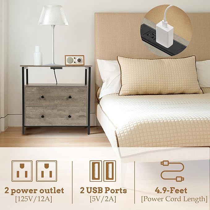 Edbuosy 27 inch Wide Night Stand with Charging Station, Bedside Table with Open Shelf, 2 Drawers Small Wood Dresser, Modern Wood Nightstand for Bedroom/Living Room (Rustic Gray)