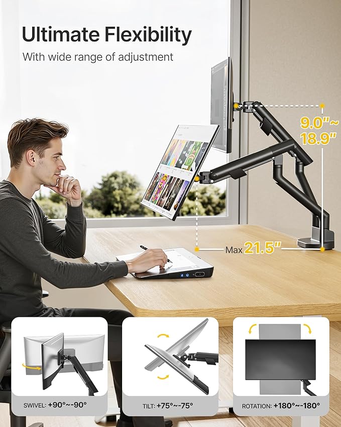 monTEK Dual Monitor Stand up to 35 inches Screen, Monitor Mount for 2 Monitors, Full Motion Adjustable Monitor Arm, VESA Mount with C-Clamp/Grommet Base, Holds 24.25lbs per Arm, MA1010BK-D