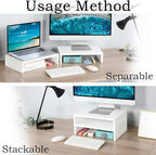 TEAMIX White Monitor Stand Riser - 2 Pack, Wood 2 Tier Adjustable Dual Monitor Riser for Laptop/PC Computer Stand for Desk