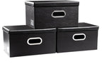 PRANDOM Collapsible Storage Box with Lid [3-Pack] Leather Fabric Foldable Storage Bin Organizer Container Basket Cube with Cover for Home Bedroom Closet Office Nursery Black(13.6x9.6x6.9)